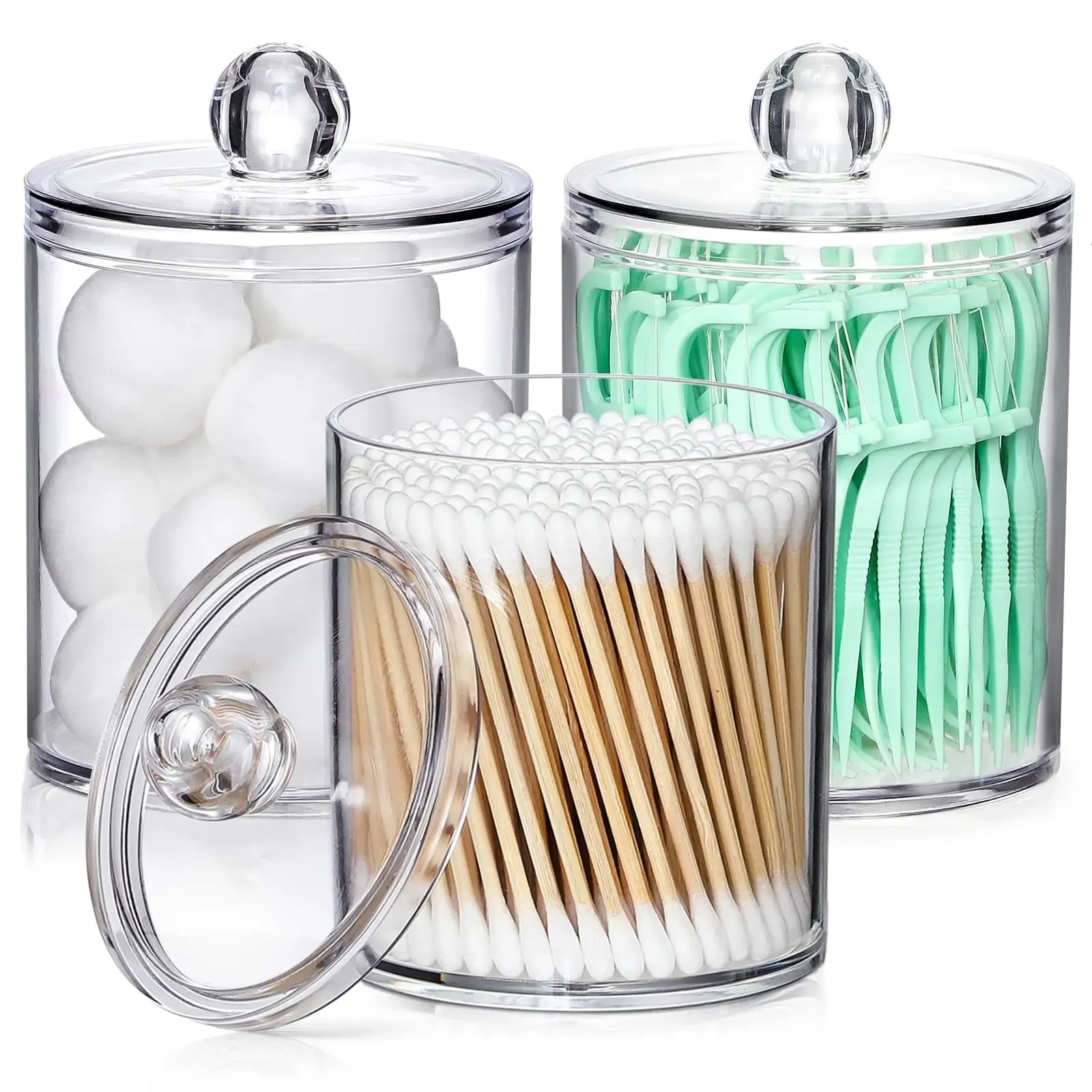 Lot de 4 distributeurs en acrylique pour cotons-tiges, cotons et fil dentaire, petits organisateurs de maquillage transparents 7
