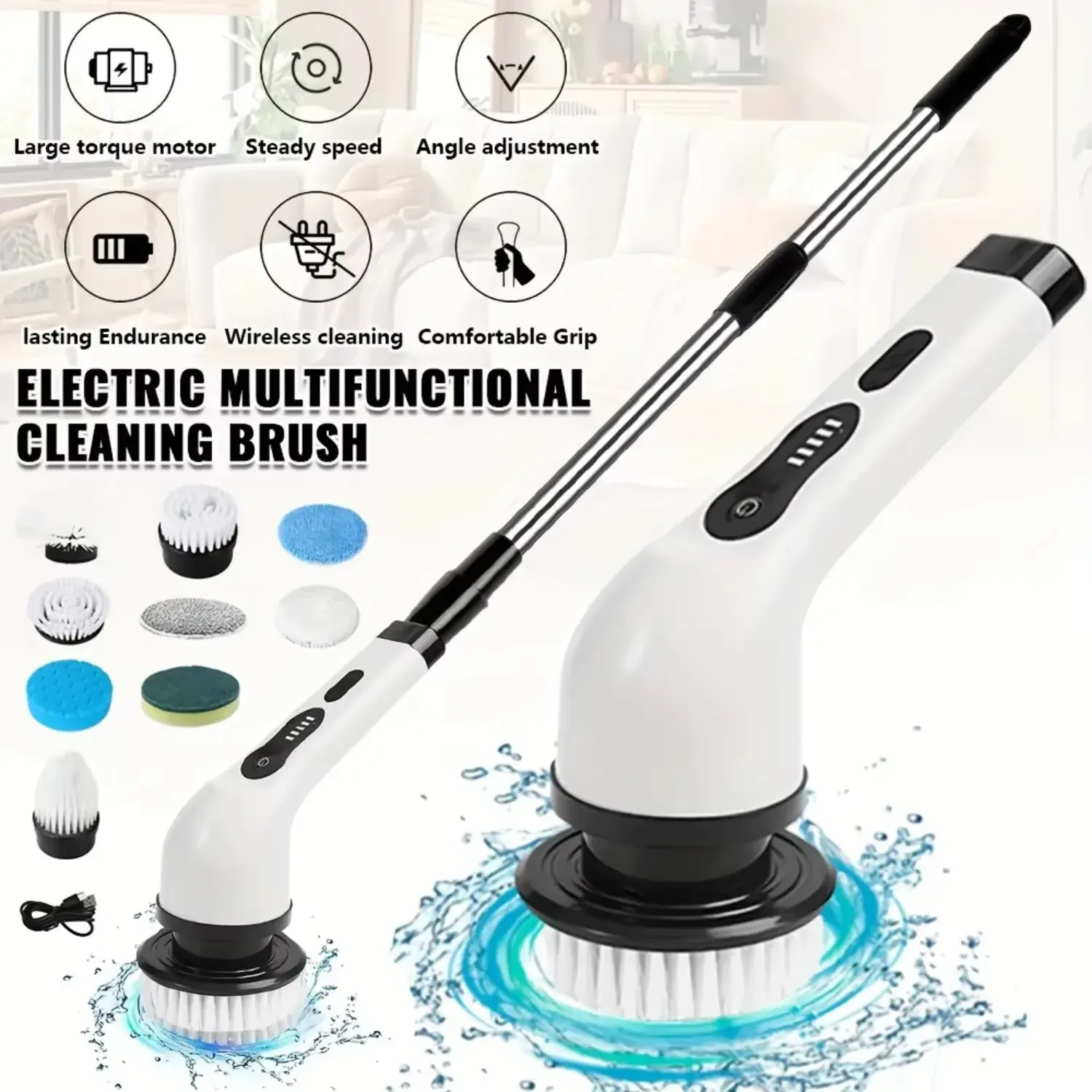 Brosse de nettoyage électrique rotative sans fil 9 en 1, nettoyeur multi-surfaces pour salle de bain, cuisine et toilettes, nettoyage en profondeur - Image 1