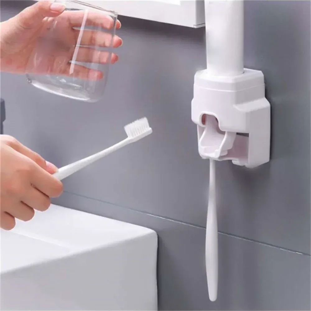 Distributeur mural de dentifrice sans perçage avec porte-brosses à dents, ensemble d'accessoires de salle de bains 2