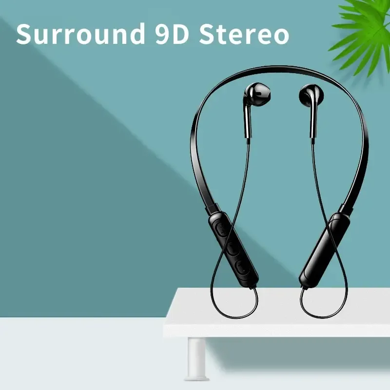 Casque Bluetooth sans fil 9D stéréo à tour de cou, à réduction de bruit, Bluetooth 5.0, intra-auriculaire, avec microphone pour smartphone 7