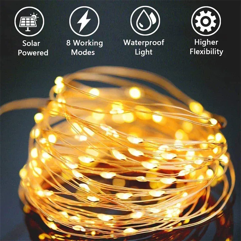 Guirlande solaire LED féerique 7 m / 12 m / 22 m / 32 m, étanche, pour extérieur, jardin, patio et chemin 2