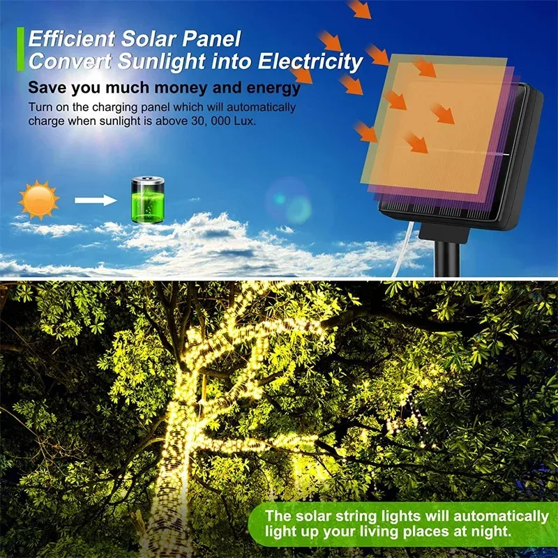 Guirlande solaire LED féerique 7 m / 12 m / 22 m / 32 m, étanche, pour extérieur, jardin, patio et chemin 6