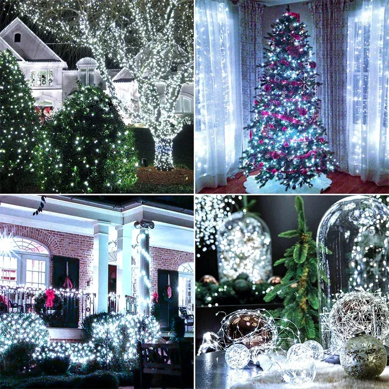 Guirlande lumineuse suspendue dans un jardin