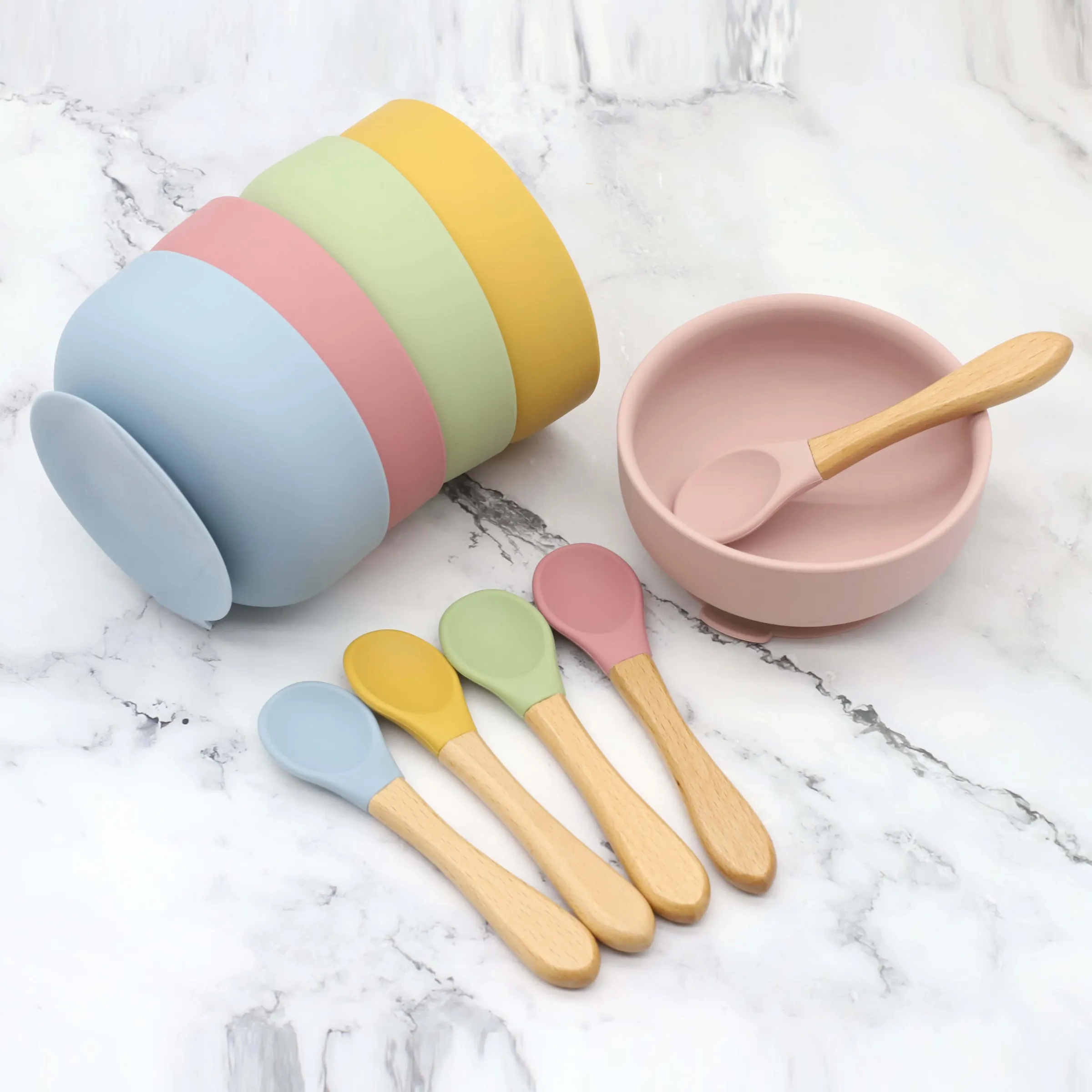 Bol en silicone à ventouse et cuillère à manche en bois, lot de 2 pièces pour l'alimentation de bébé