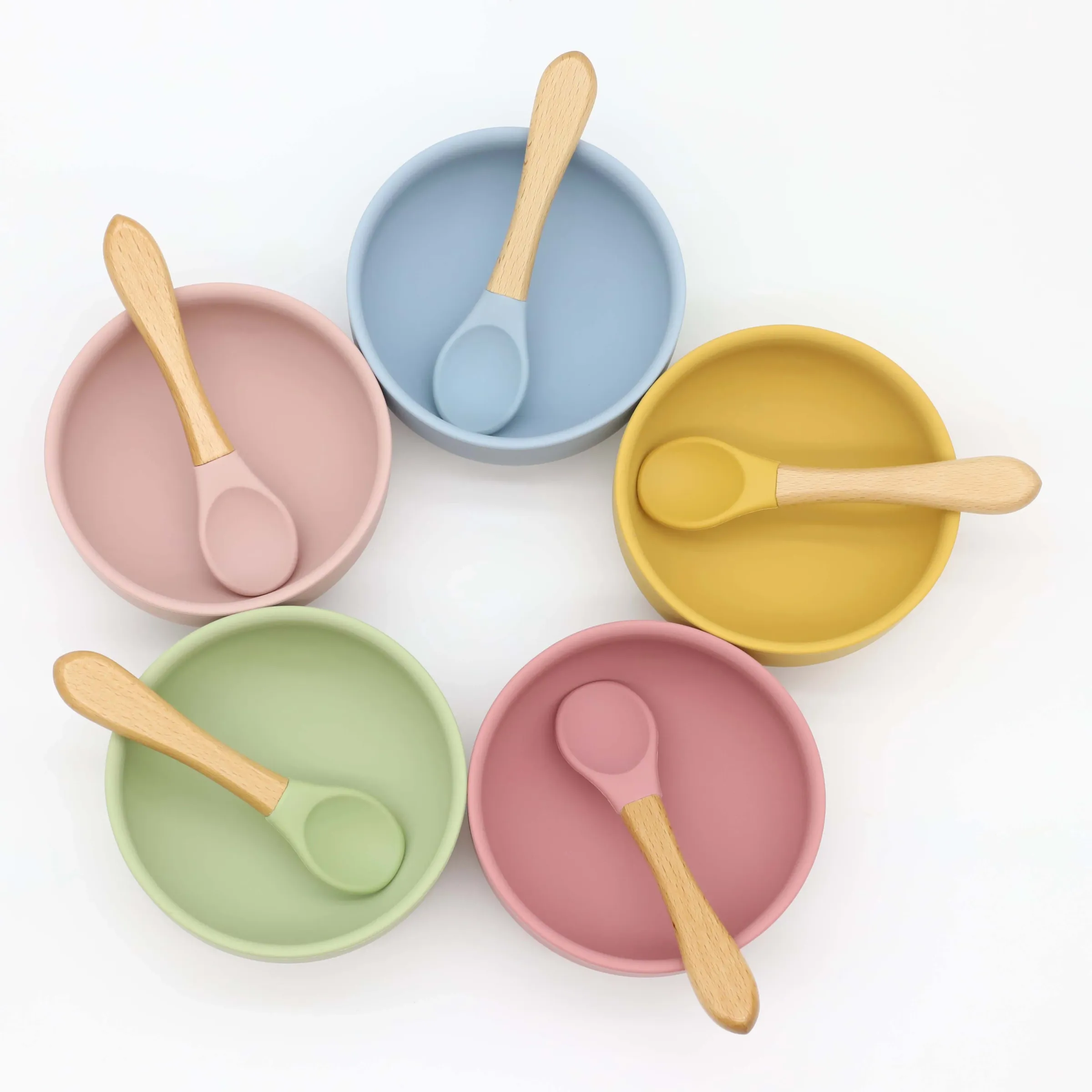 Bol en silicone à ventouse et cuillère à manche en bois, lot de 2 pièces pour l'alimentation de bébé 2