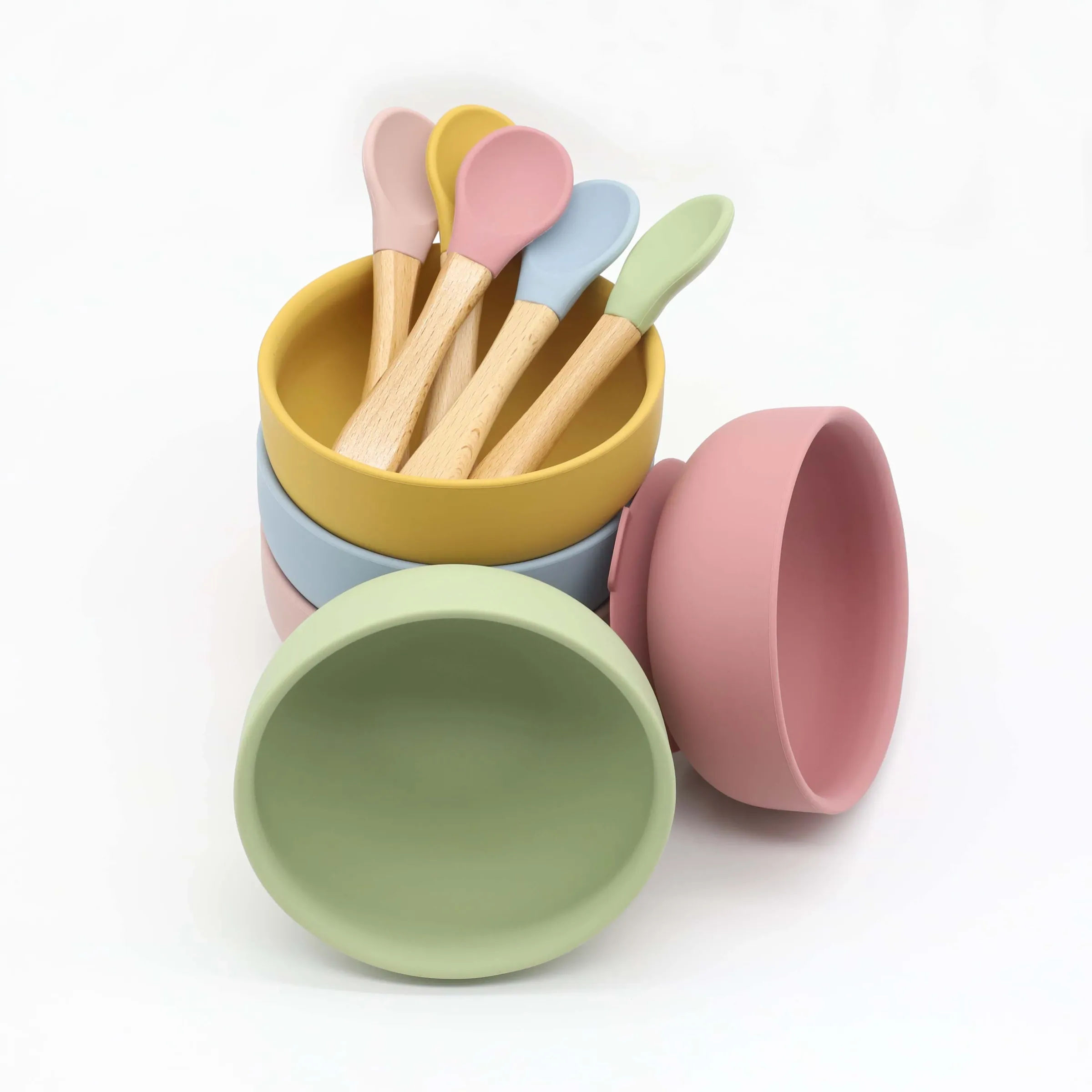 Bol en silicone à ventouse et cuillère à manche en bois, lot de 2 pièces pour l'alimentation de bébé 3