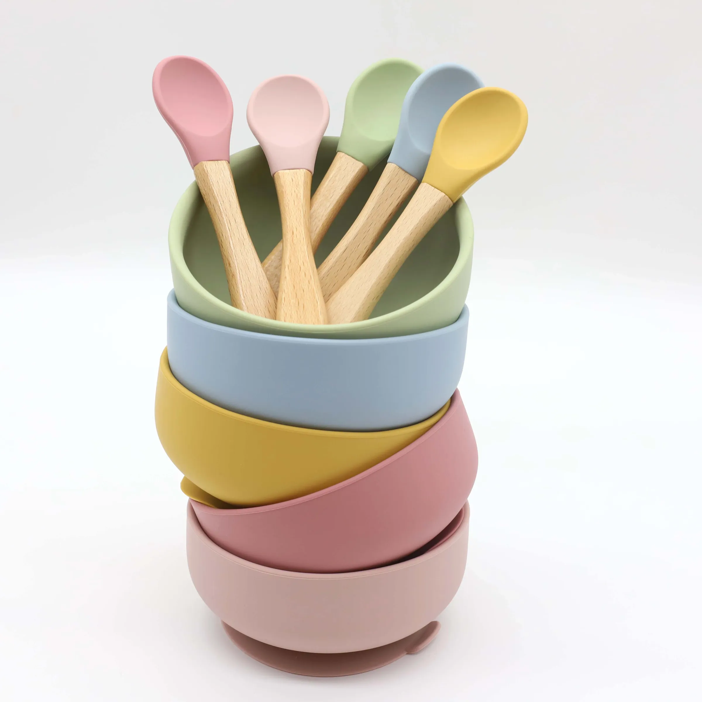 Bol en silicone à ventouse et cuillère à manche en bois, lot de 2 pièces pour l'alimentation de bébé 4