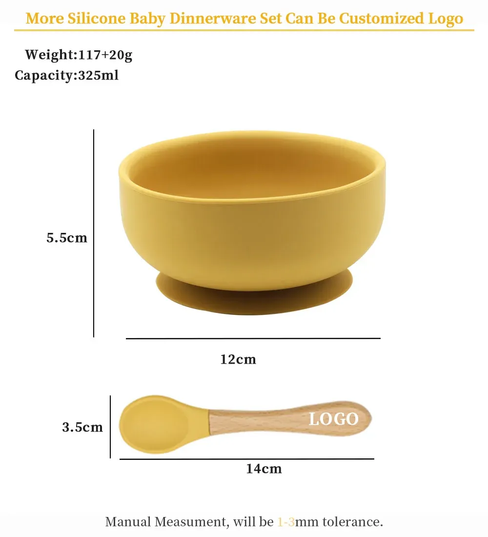 Bol en silicone avec ventouse et cuillère à manche en bois pour bébé
