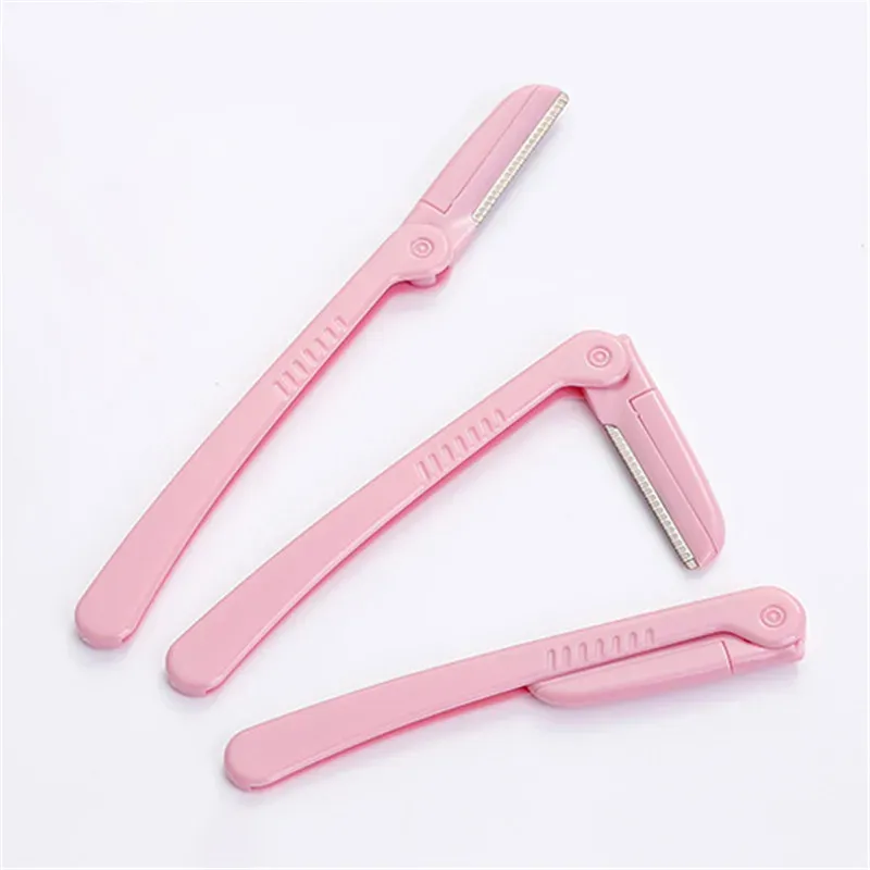 Tondeuse à sourcils pliable rose, rasoir pour aisselles, outils de maquillage en acier inoxydable, lot de 3 2