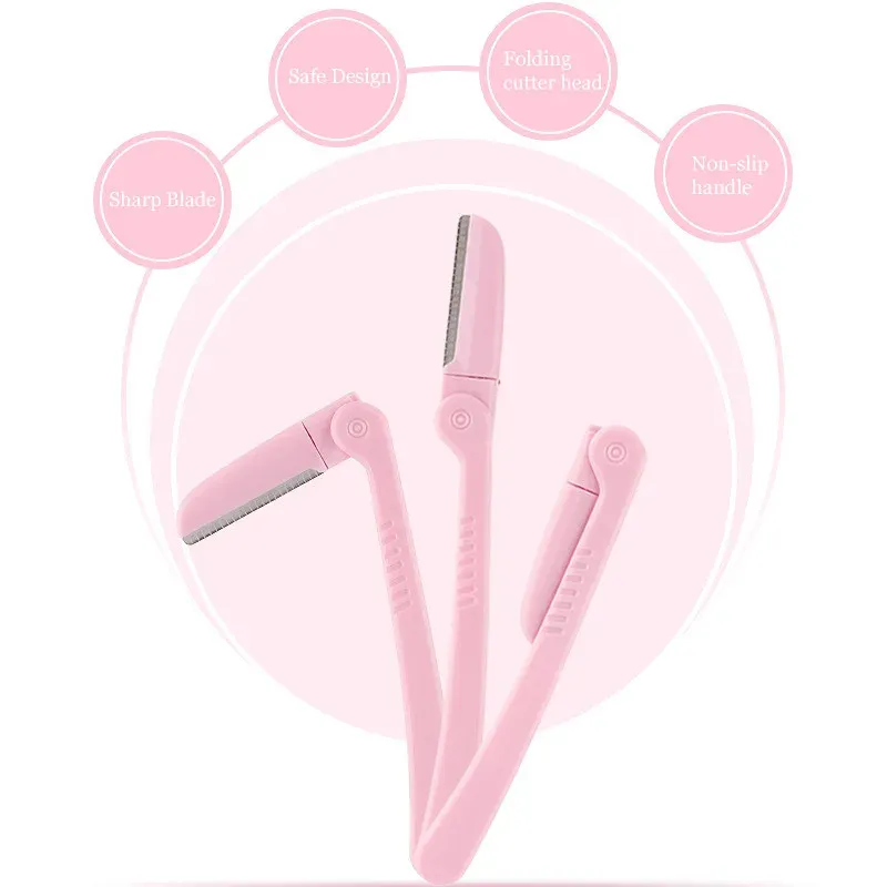 Tondeuse à sourcils pliable rose, rasoir pour aisselles, outils de maquillage en acier inoxydable, lot de 3 4