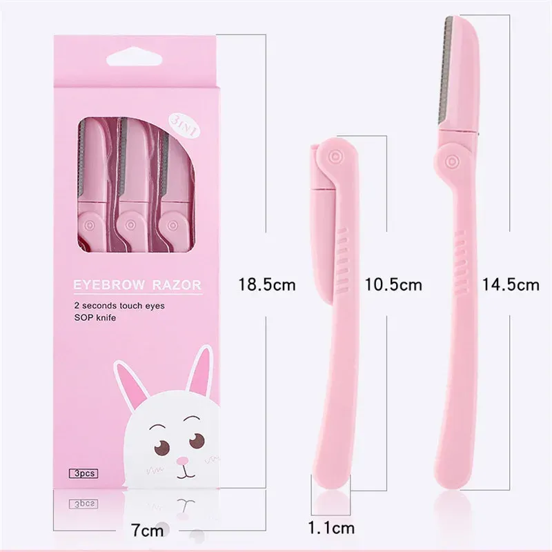 Tondeuse à sourcils pliable rose, rasoir pour aisselles, outils de maquillage en acier inoxydable, lot de 3 5