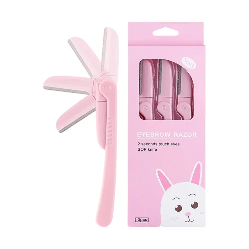Tondeuse à sourcils pliable rose, rasoir pour aisselles, outils de maquillage en acier inoxydable, lot de 3 6