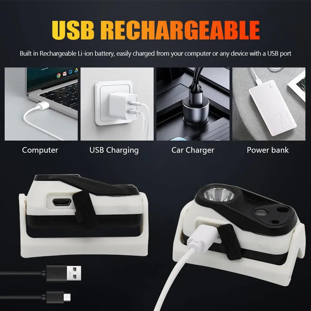 Mini lampe frontale LED rechargeable à capteur de mouvement, ultralégère, pour la pêche, le camping et la randonnée 3