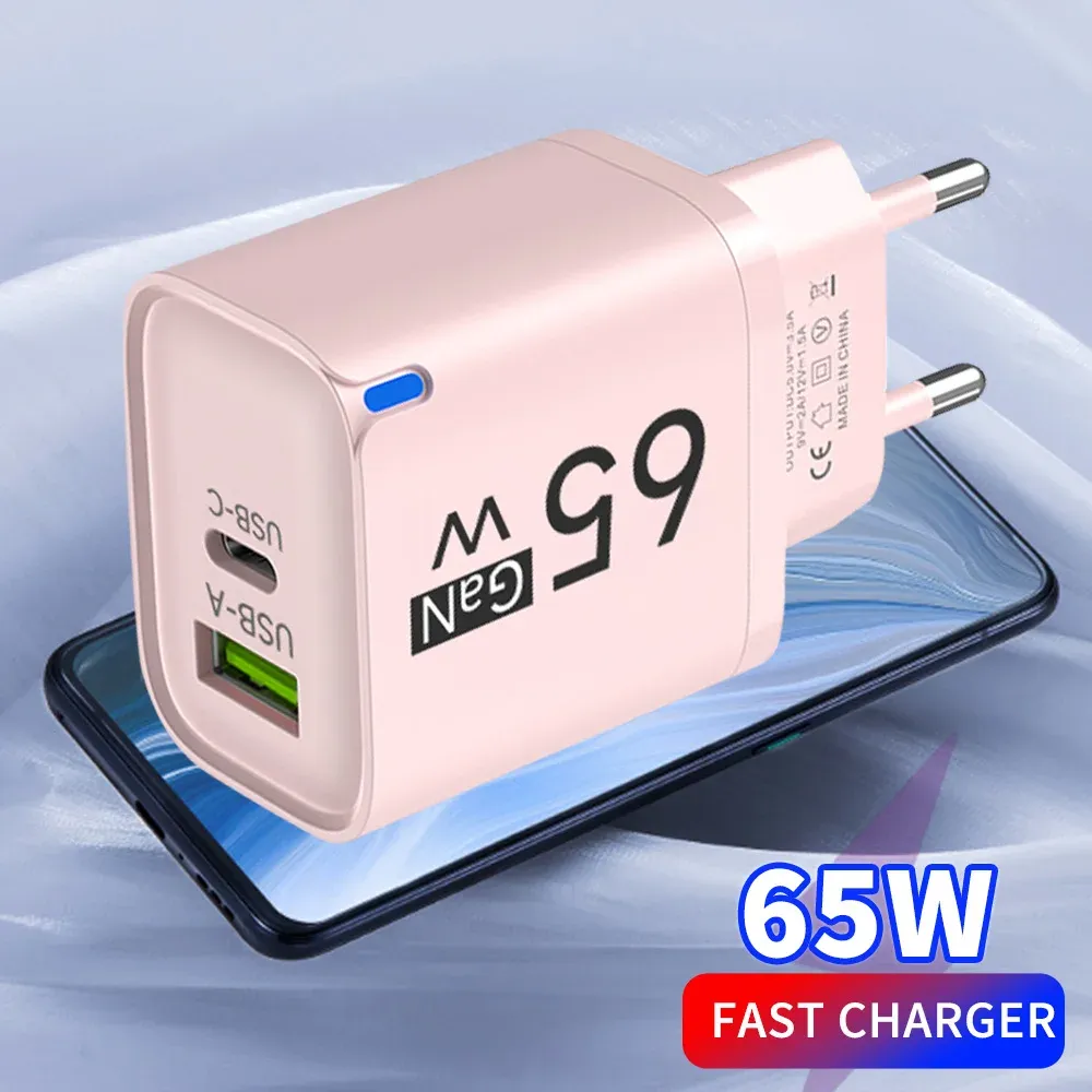 Chargeur mural rapide USB-C GaN 65 W 2 en 1, compact et portable, compatible smartphones, prises EU, US et UK 1