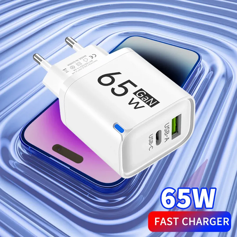 Chargeur mural rapide USB-C GaN 65 W 2 en 1, compact et portable, compatible smartphones, prises EU, US et UK 2