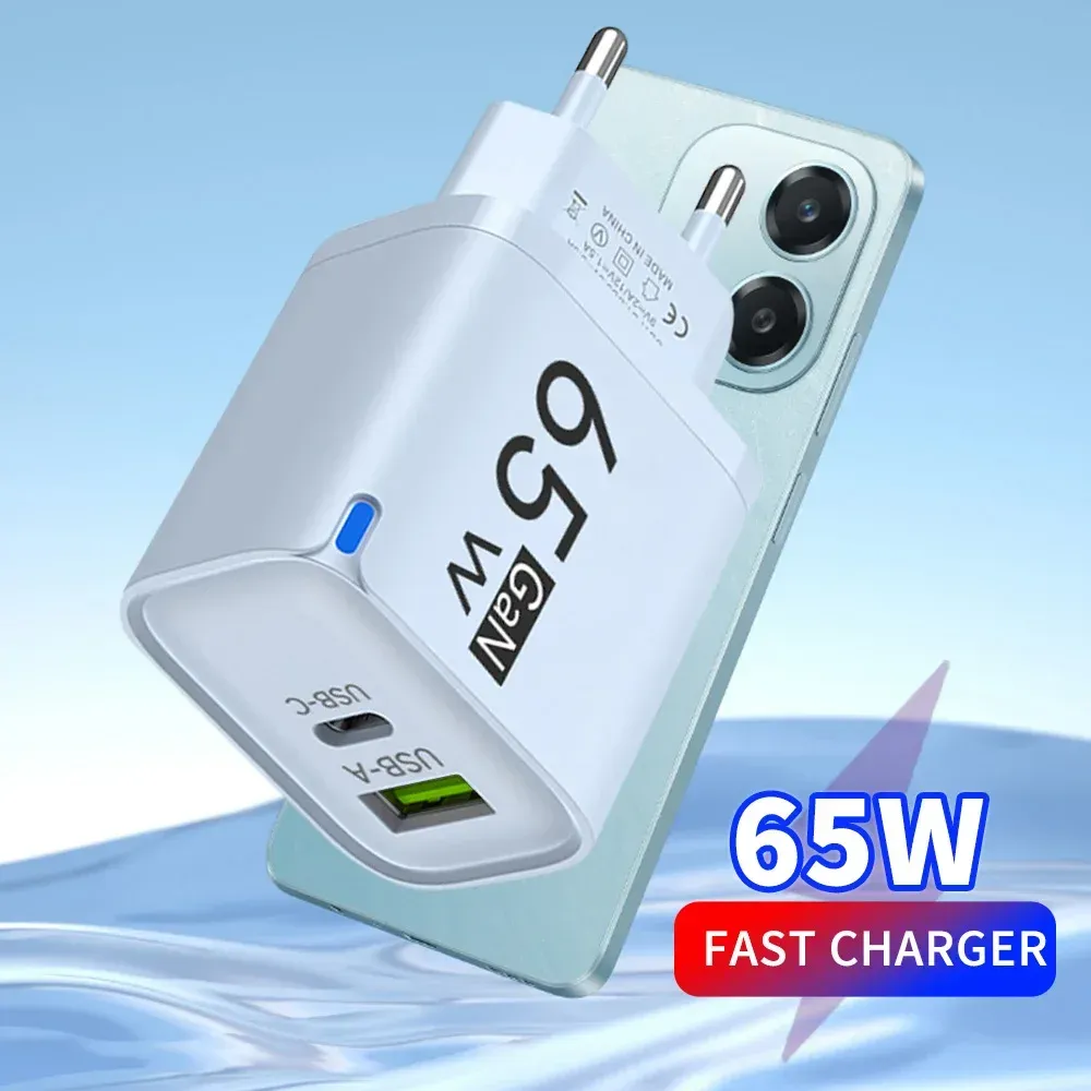 Chargeur mural rapide USB-C GaN 65 W 2 en 1, compact et portable, compatible smartphones, prises EU, US et UK 3