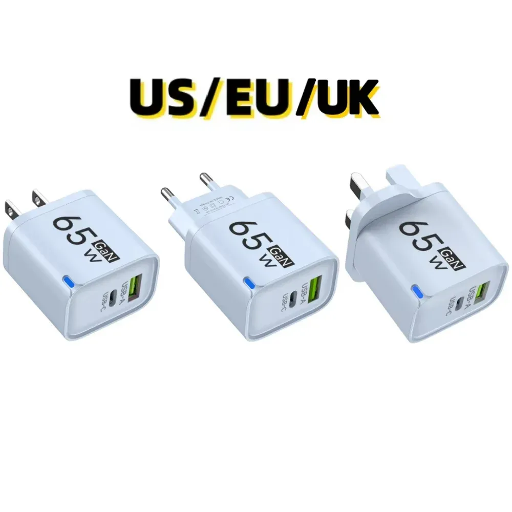 Chargeur mural rapide USB-C GaN 65 W 2 en 1, compact et portable, compatible smartphones, prises EU, US et UK 5