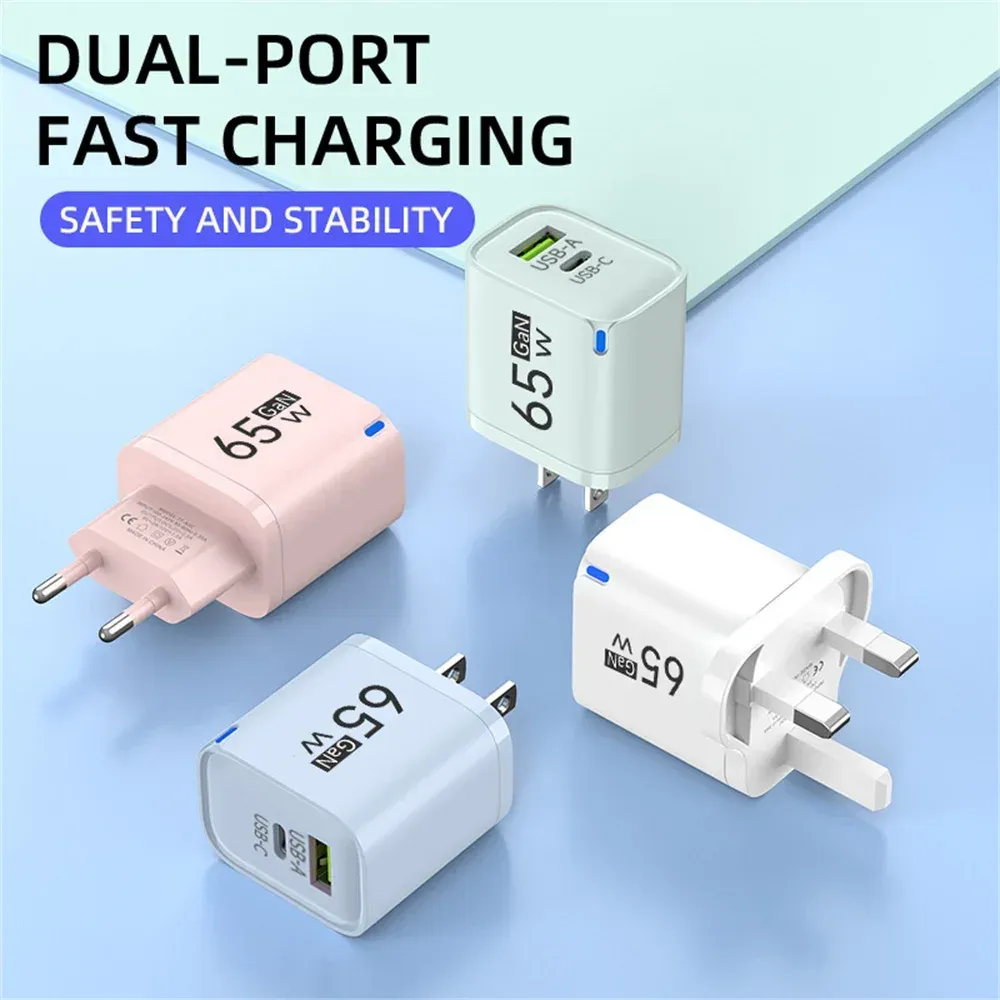 Chargeur mural rapide USB-C GaN 65 W 2 en 1, compact et portable, compatible smartphones, prises EU, US et UK 6