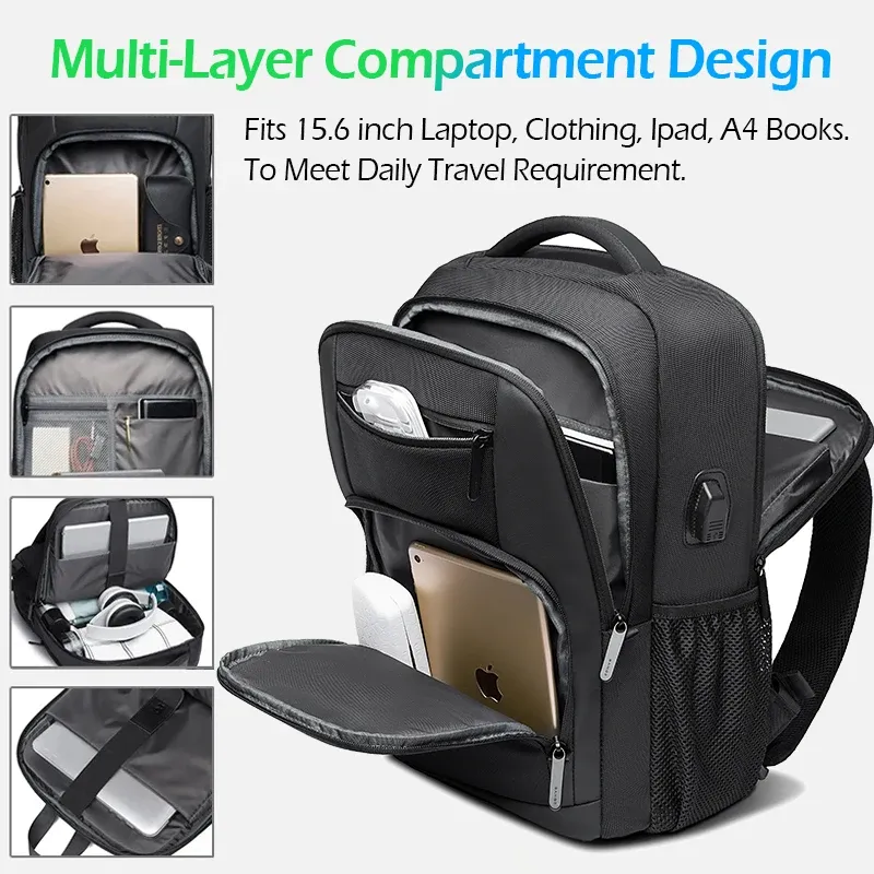 Sac à dos léger de 15,6 pouces pour ordinateur portable, étanche, avec port de charge USB, multifonction, pour voyage, randonnée et école, pour homme 3