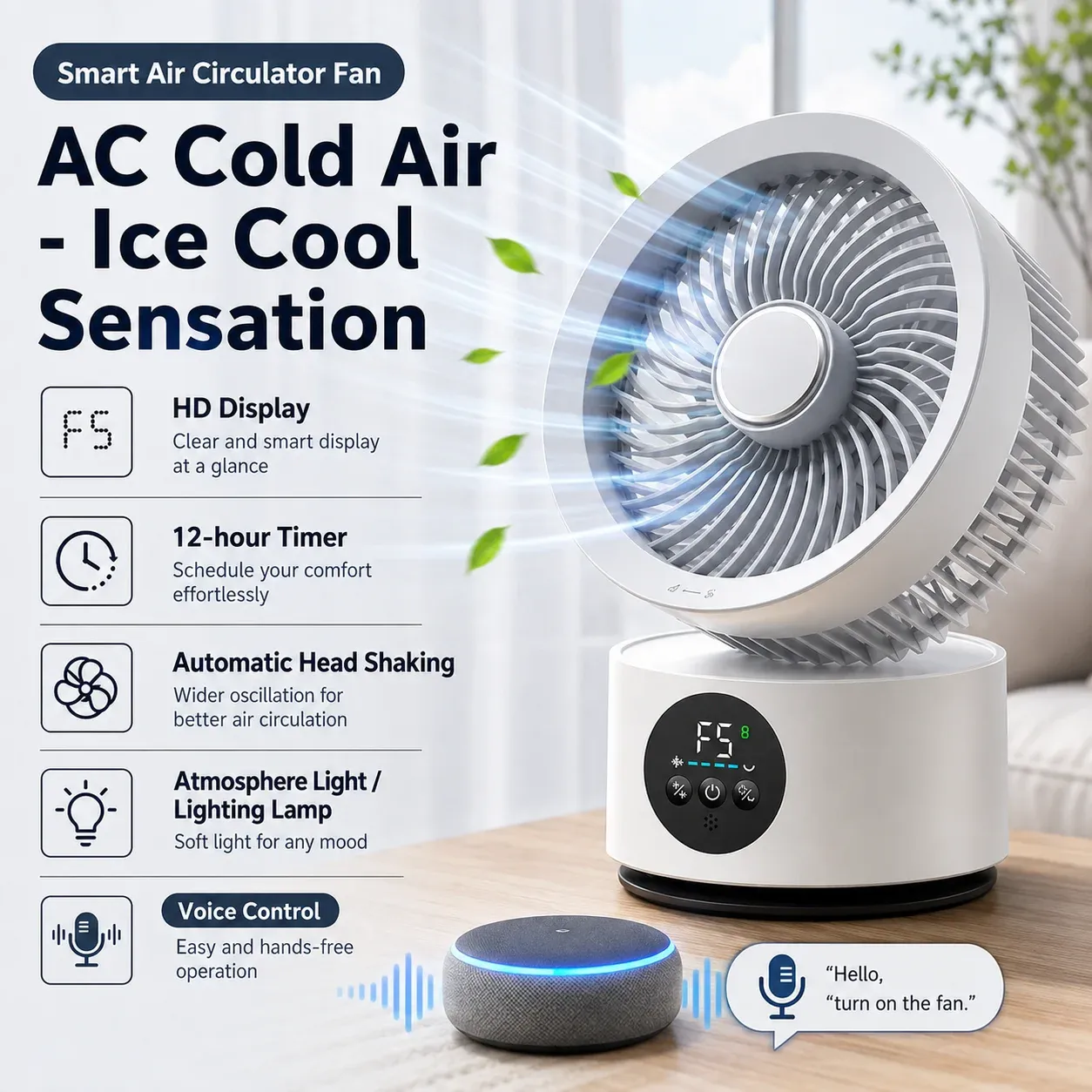 Ventilateur mural portable rechargeable USB avec télécommande et commande vocale