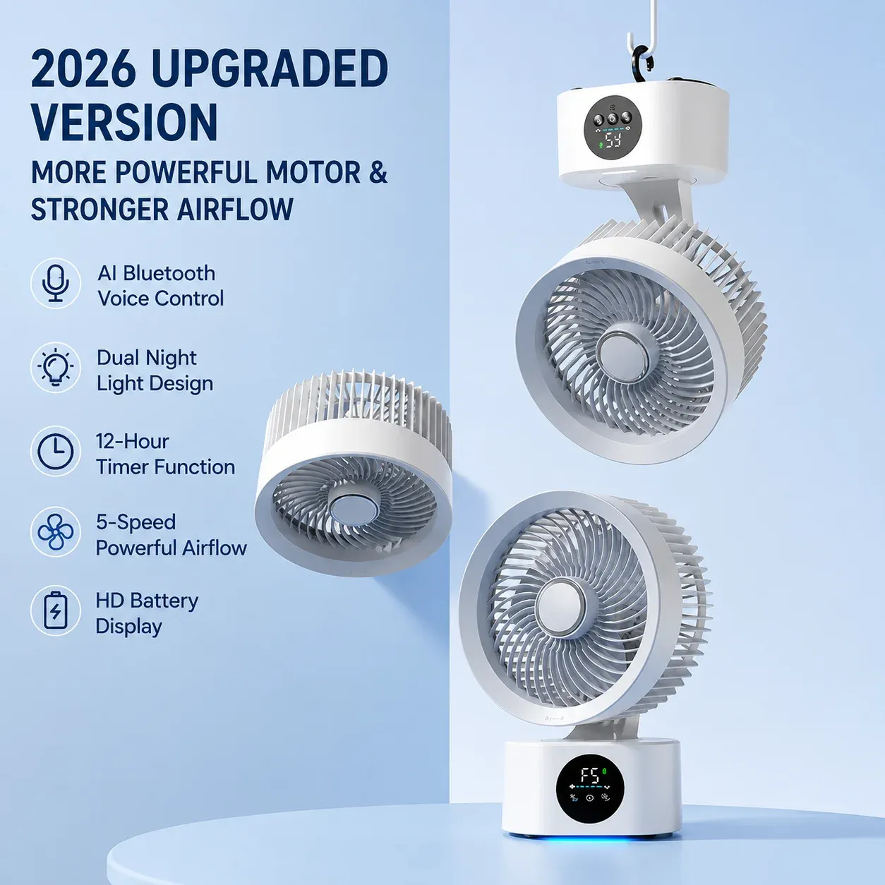Ventilateur mural portable rechargeable USB avec télécommande et commande vocale 5