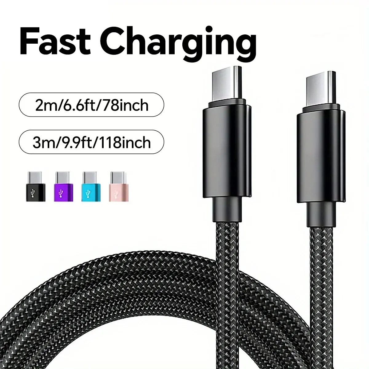 Câble de charge rapide USB-C vers USB-C 66 W 5 A en nylon, longueurs 1 m, 2 m et 3 m, compatible iPhone 15, iPhone 16 Pro Max, Samsung S24, Xiaomi et OPPO