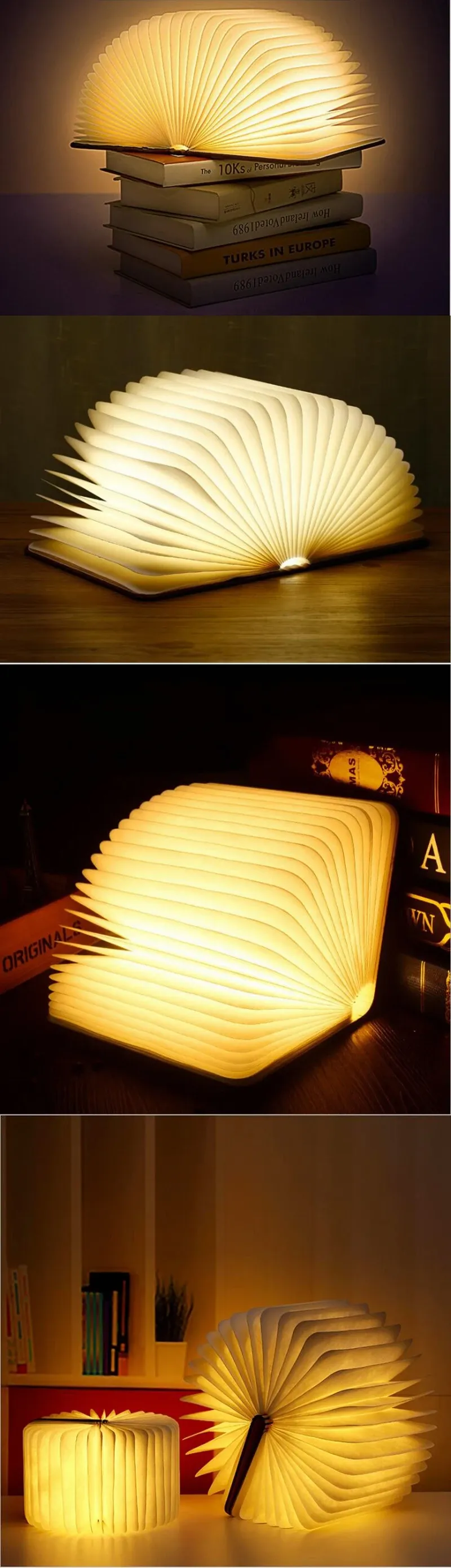 Lampe livre en bois pliable allumée