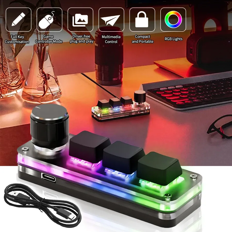 Clavier mécanique USB gamer 3 touches macro personnalisable, rétroéclairage RVB, clavier de jeu programmable compact