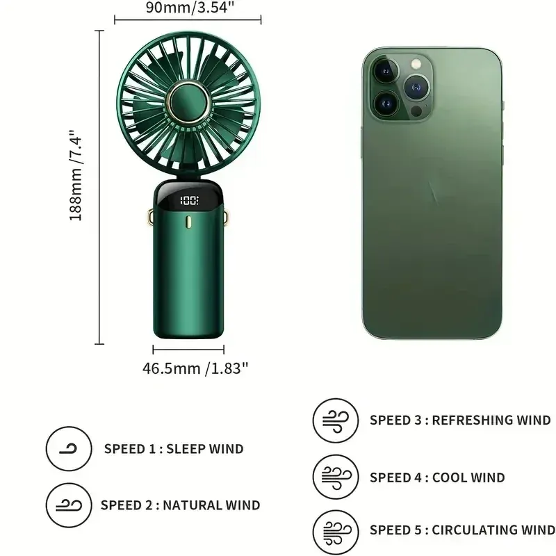 Ventilateur portable rechargeable à LED avec affichage numérique, inclinaison réglable à 90°, 5 vitesses et fonction aromathérapie 5