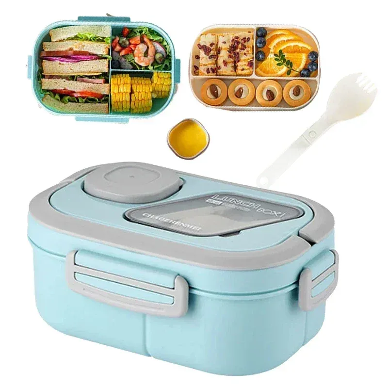 Boîte à déjeuner Bento portable en paille de blé avec compartiments et poignée de transport, contenant réutilisable pour repas et collations - Image 1