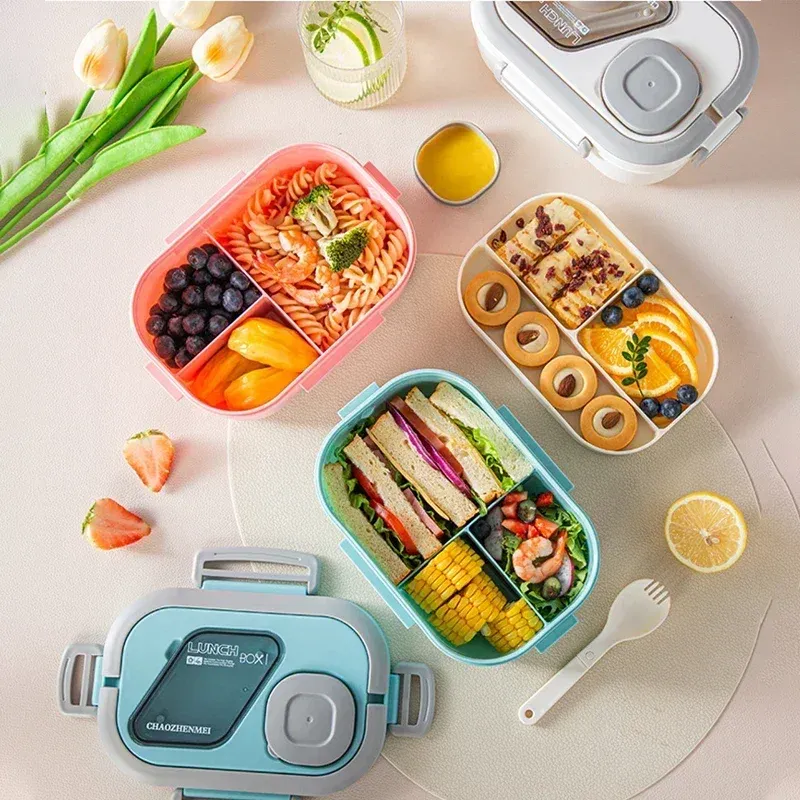 Boîte à déjeuner Bento portable en paille de blé avec compartiments et poignée de transport, contenant réutilisable pour repas et collations 2