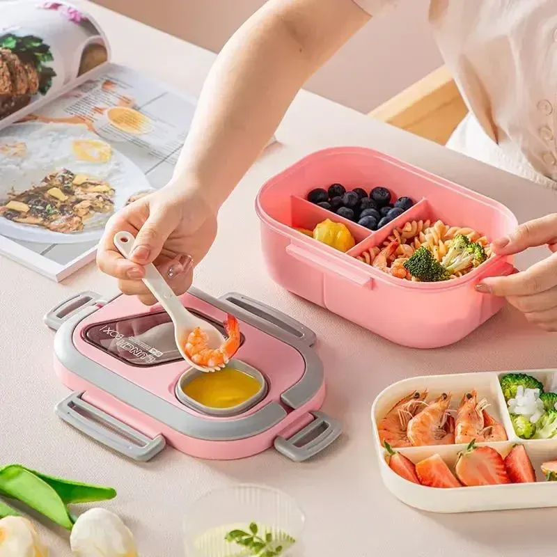Boîte à déjeuner Bento portable en paille de blé avec compartiments et poignée de transport, contenant réutilisable pour repas et collations 3
