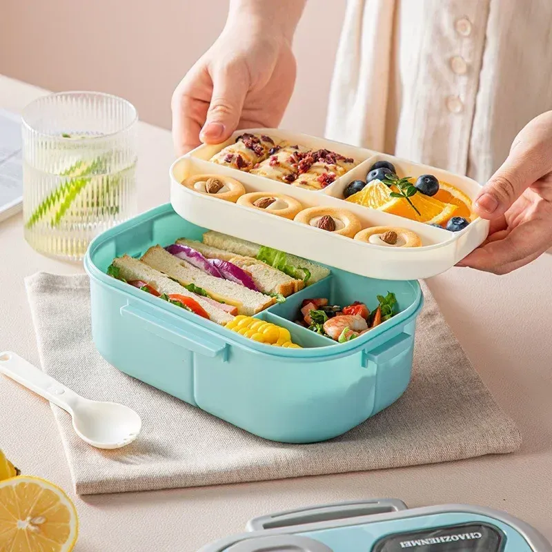 Boîte à déjeuner Bento portable en paille de blé avec compartiments et poignée de transport, contenant réutilisable pour repas et collations 4