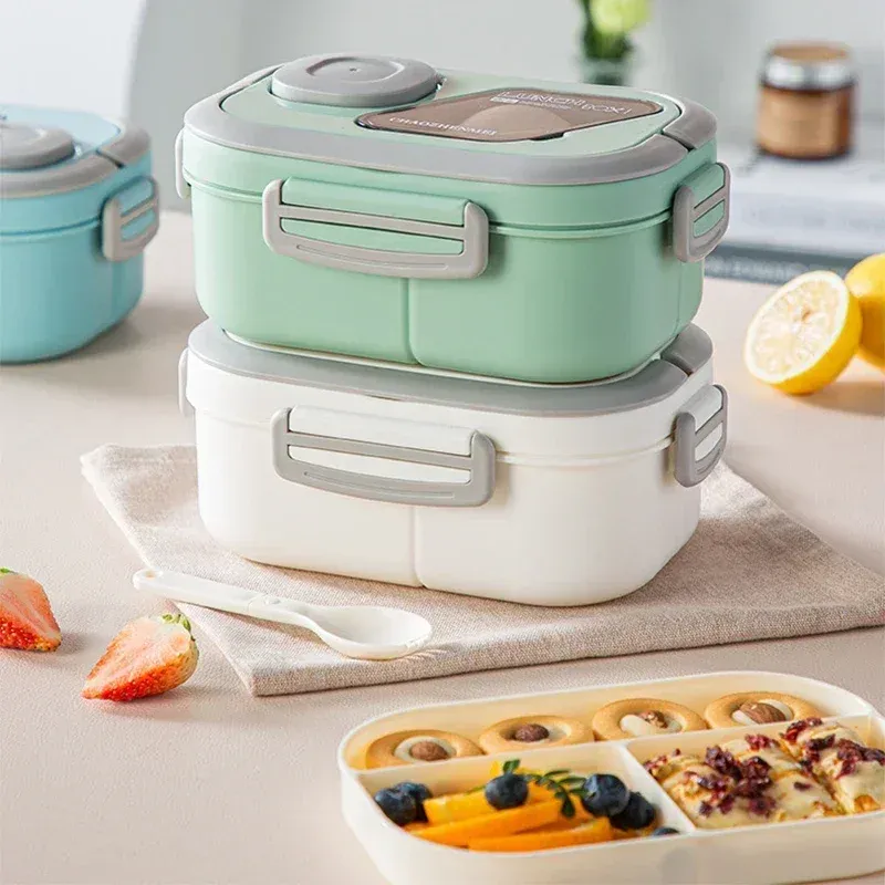 Boîte à déjeuner Bento portable en paille de blé avec compartiments et poignée de transport, contenant réutilisable pour repas et collations 5