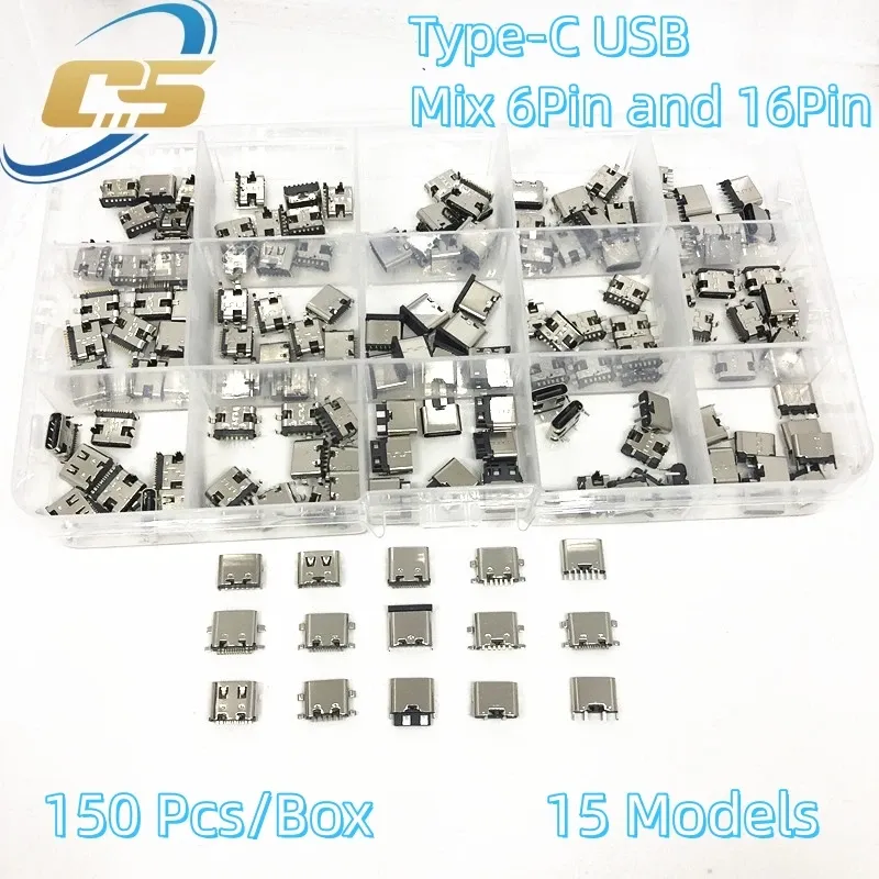 Connecteurs de port de charge USB Type-C, 150 pièces/boîte, 15 modèles, assortiment 6 broches et 16 broches, pour téléphones et kits de réparation électronique