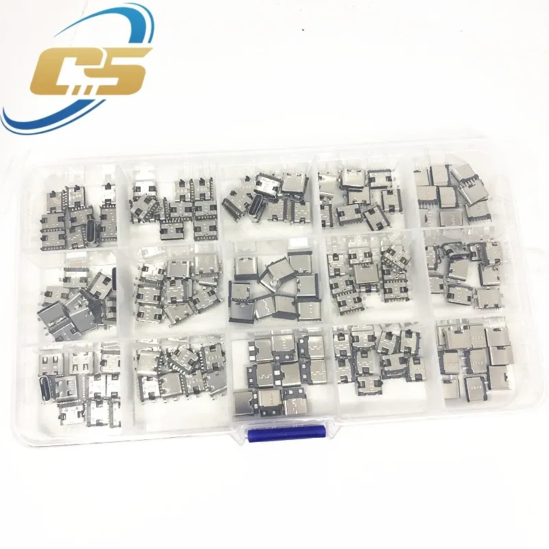 Connecteurs de port de charge USB Type-C, 150 pièces/boîte, 15 modèles, assortiment 6 broches et 16 broches, pour téléphones et kits de réparation électronique 5