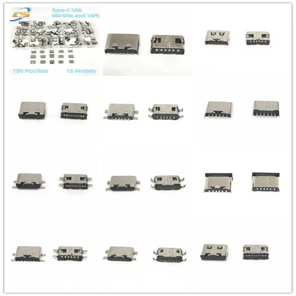 Connecteurs de port de charge USB Type-C, 150 pièces/boîte, 15 modèles, assortiment 6 broches et 16 broches, pour téléphones et kits de réparation électronique 6