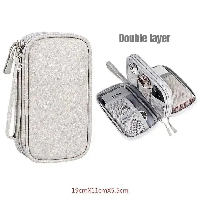 Pochette de rangement de voyage étanche à double couche pour câbles et cordons, format portable 14