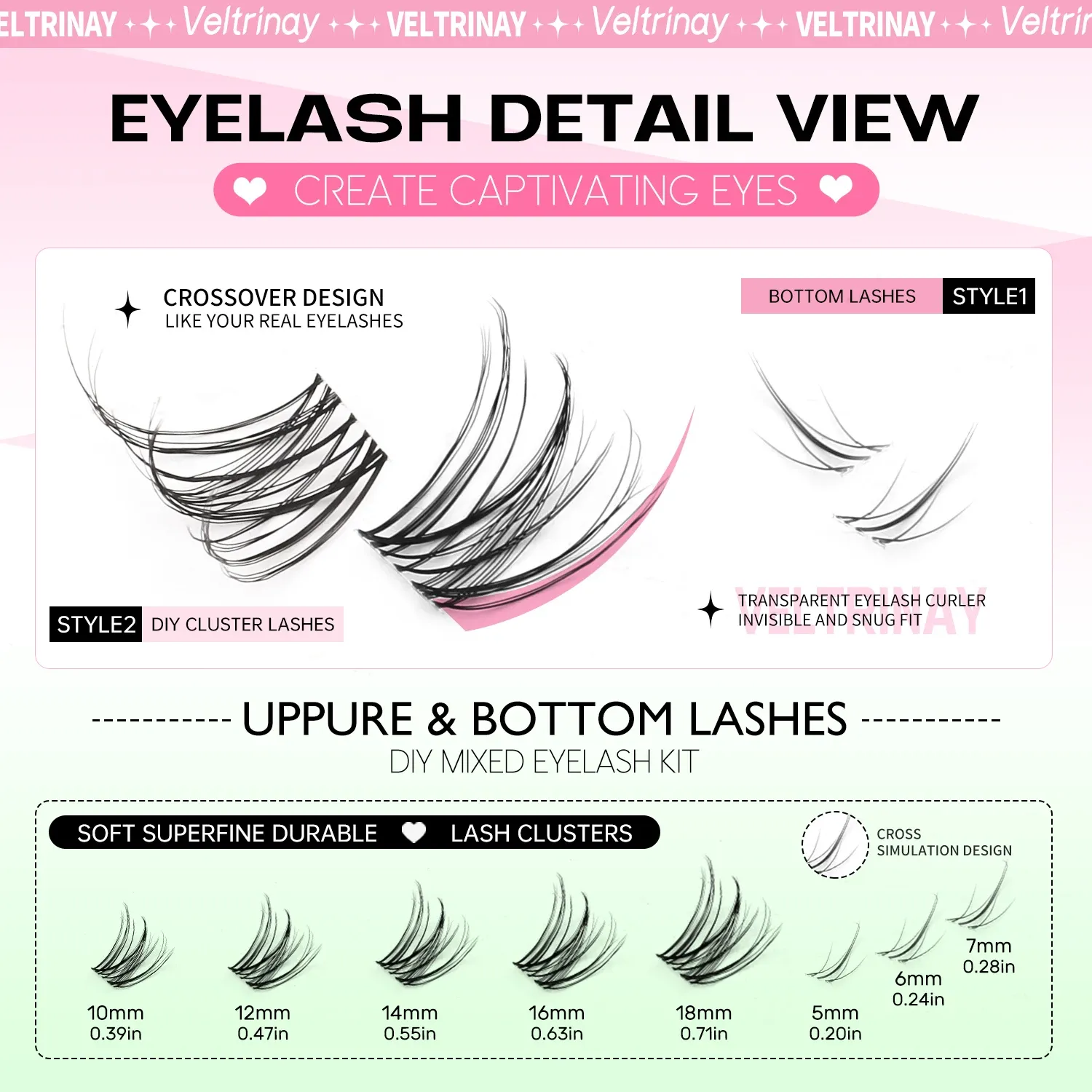VELTRINAY Faux Cils Naturels Wispy Effet Extension Salon, Extensions de Cils DIY Réutilisables, Cils Individuels et Clusters Mélangés, Faux Cils Bas Inférieurs, Bande Transparente, Longueurs Mixtes, Volume Léger 6