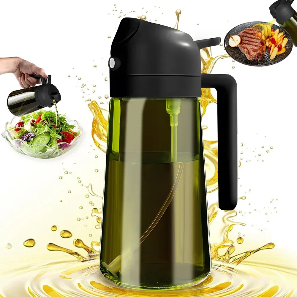 Pulvérisateur et distributeur d'huile 2 en 1 en verre vert foncé anti-lumière, 470 ml (16 oz)