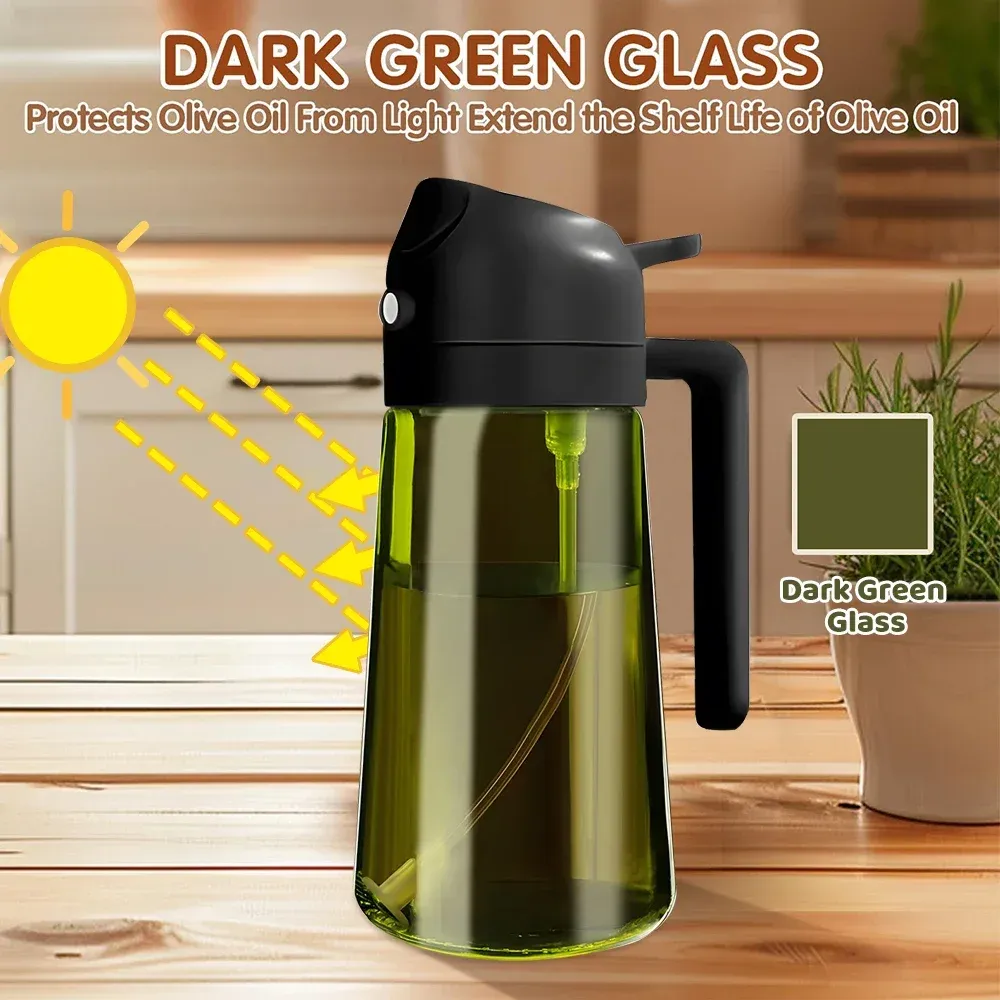 Pulvérisateur et distributeur d'huile 2 en 1 en verre vert foncé anti-lumière, 470 ml (16 oz) 2