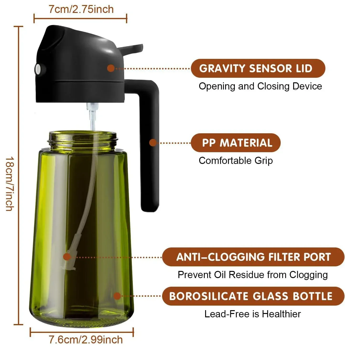 Pulvérisateur et distributeur d'huile 2 en 1 en verre vert foncé anti-lumière, 470 ml (16 oz) 5