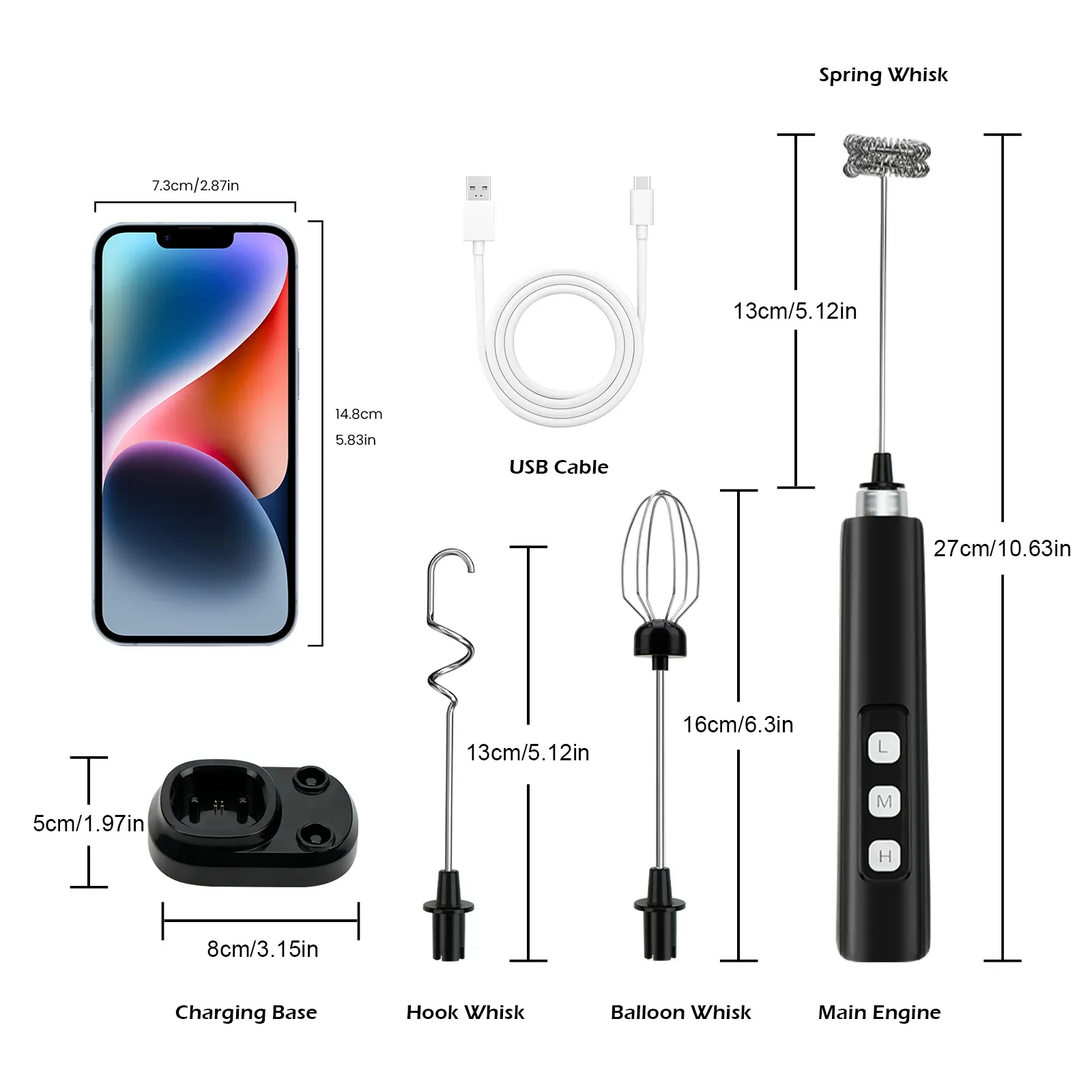 Mousseur à lait électrique 3 en 1 portatif, 3 vitesses réglables, base de recharge USB Type-C 2