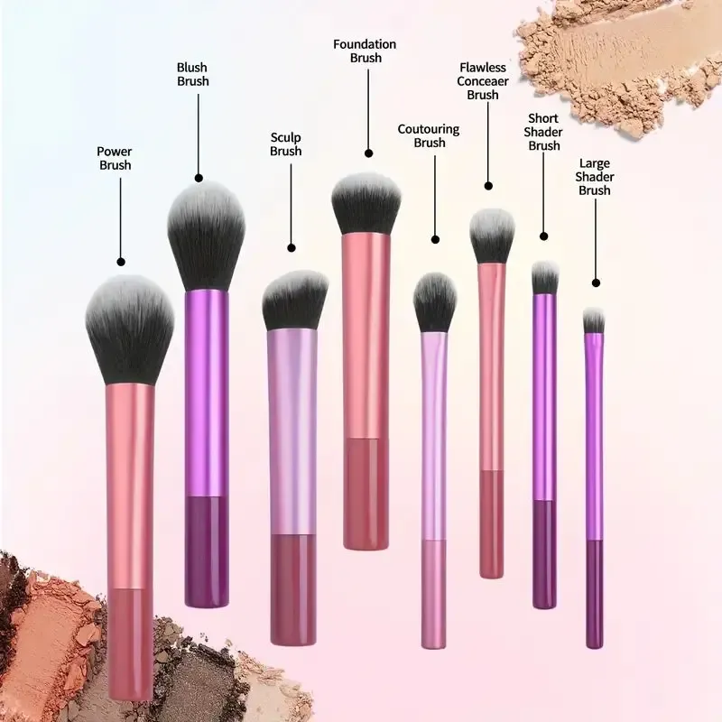 Ensemble de 8 pinceaux de maquillage professionnels faciles à nettoyer, en poils synthétiques doux et de qualité supérieure, sans cruauté animale, pour fond de teint, fard à joues et fard à paupières 5