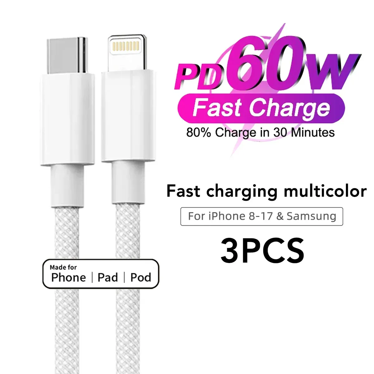 Câble USB-C vers USB-C en nylon tressé, charge rapide 60 W, Power Delivery, compatible iPhone 13, 14 Pro Max, 11, 12, XR, XS Max et Samsung, synchronisation des données