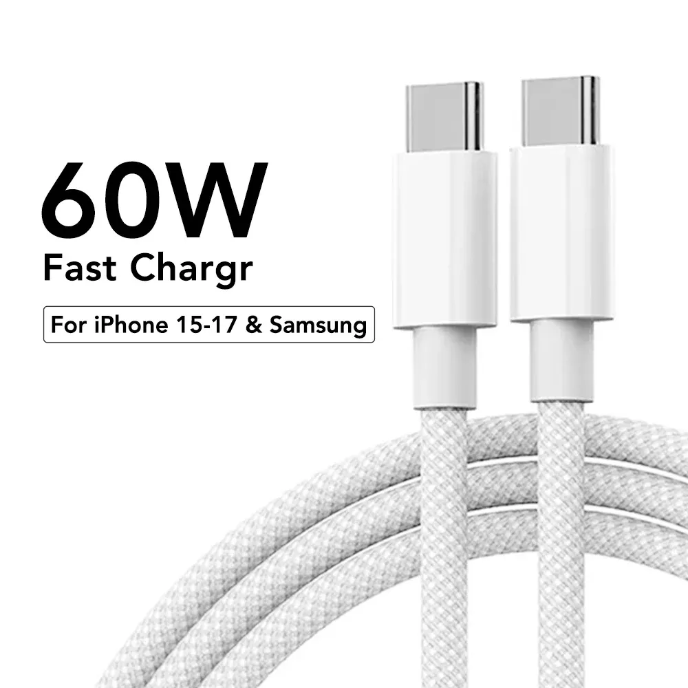Câble USB-C vers USB-C en nylon tressé, charge rapide 60 W, Power Delivery, compatible iPhone 13, 14 Pro Max, 11, 12, XR, XS Max et Samsung, synchronisation des données 10
