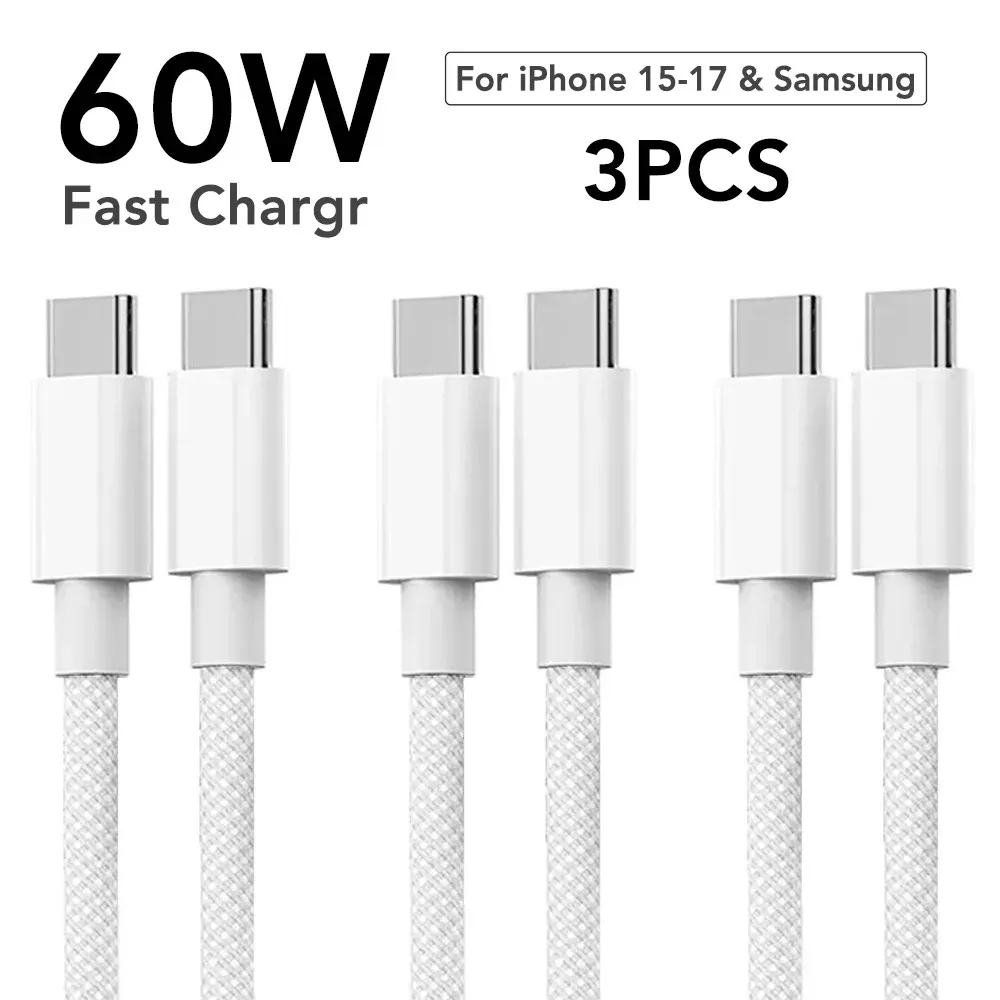Câble USB-C vers USB-C en nylon tressé, charge rapide 60 W, Power Delivery, compatible iPhone 13, 14 Pro Max, 11, 12, XR, XS Max et Samsung, synchronisation des données 8