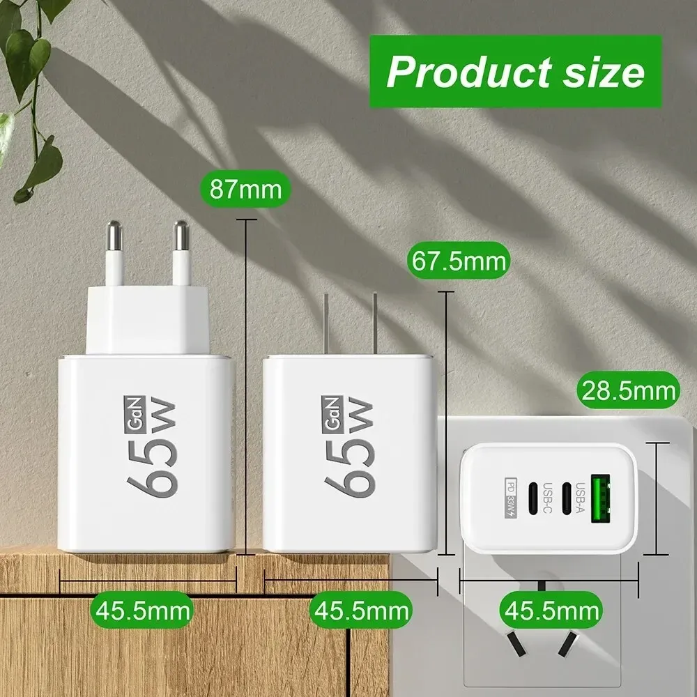Chargeur GaN 65 W USB-C à charge rapide, adaptateur 3 ports compatible QC 3.0 pour iPhone 15 Pro Max et Samsung Galaxy 3