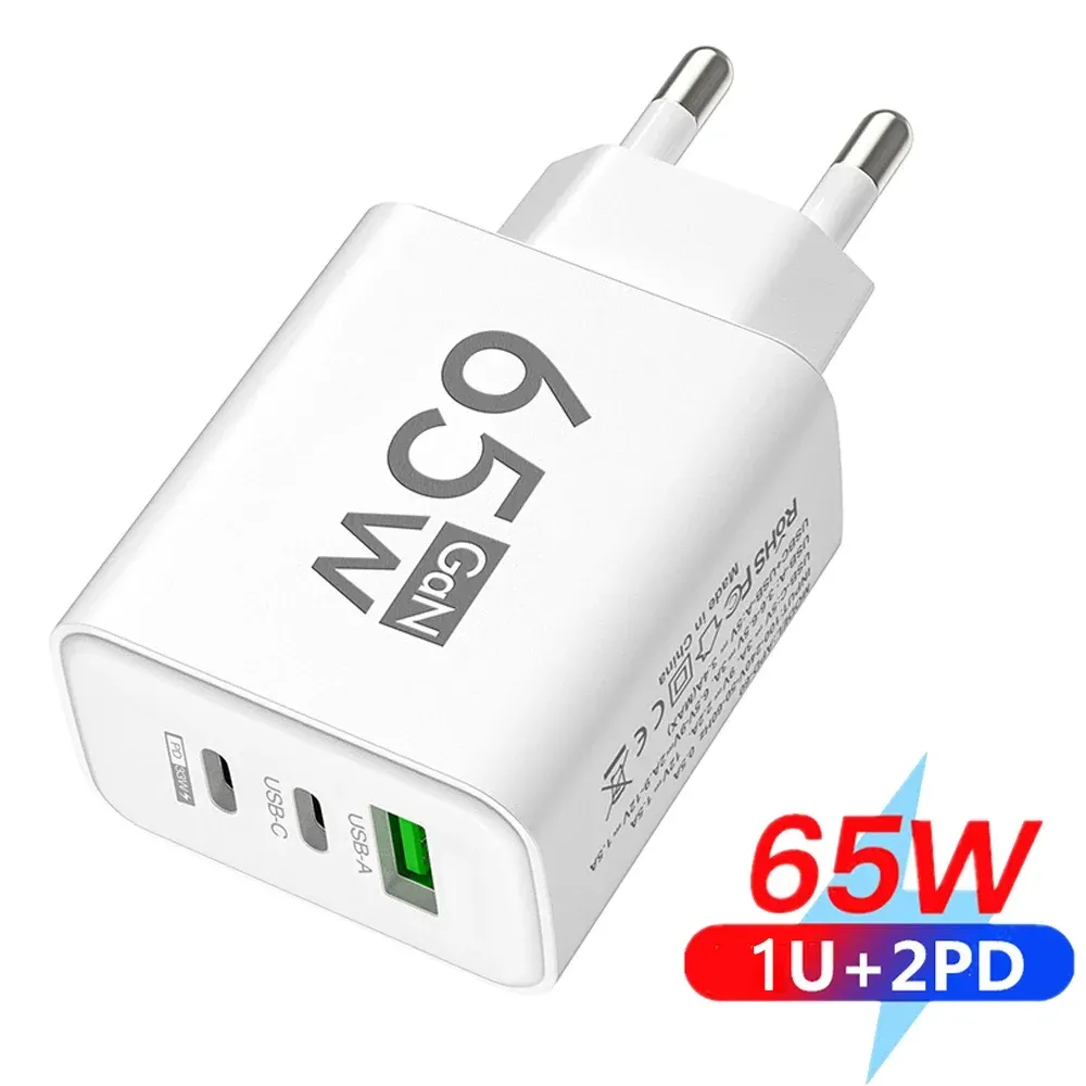 Chargeur GaN 65 W USB-C à charge rapide, adaptateur 3 ports compatible QC 3.0 pour iPhone 15 Pro Max et Samsung Galaxy