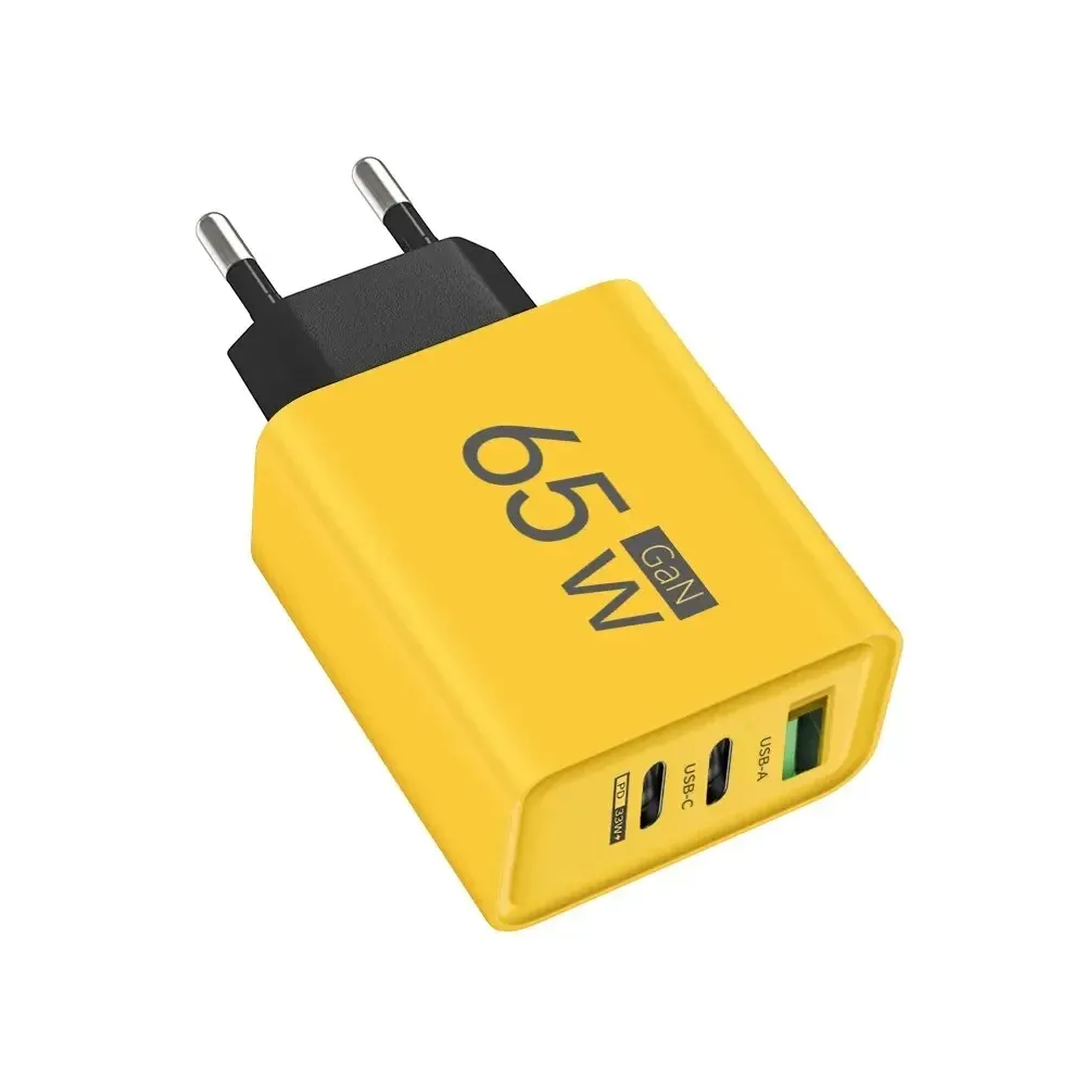 Chargeur GaN 65 W USB-C à charge rapide, adaptateur 3 ports compatible QC 3.0 pour iPhone 15 Pro Max et Samsung Galaxy 6